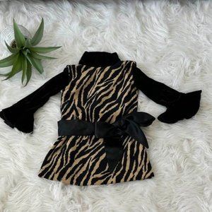 Greggy Girl Brown Zebra Jumper Dress Set Bell Sleeve Velvet Velour Ribbon Belt